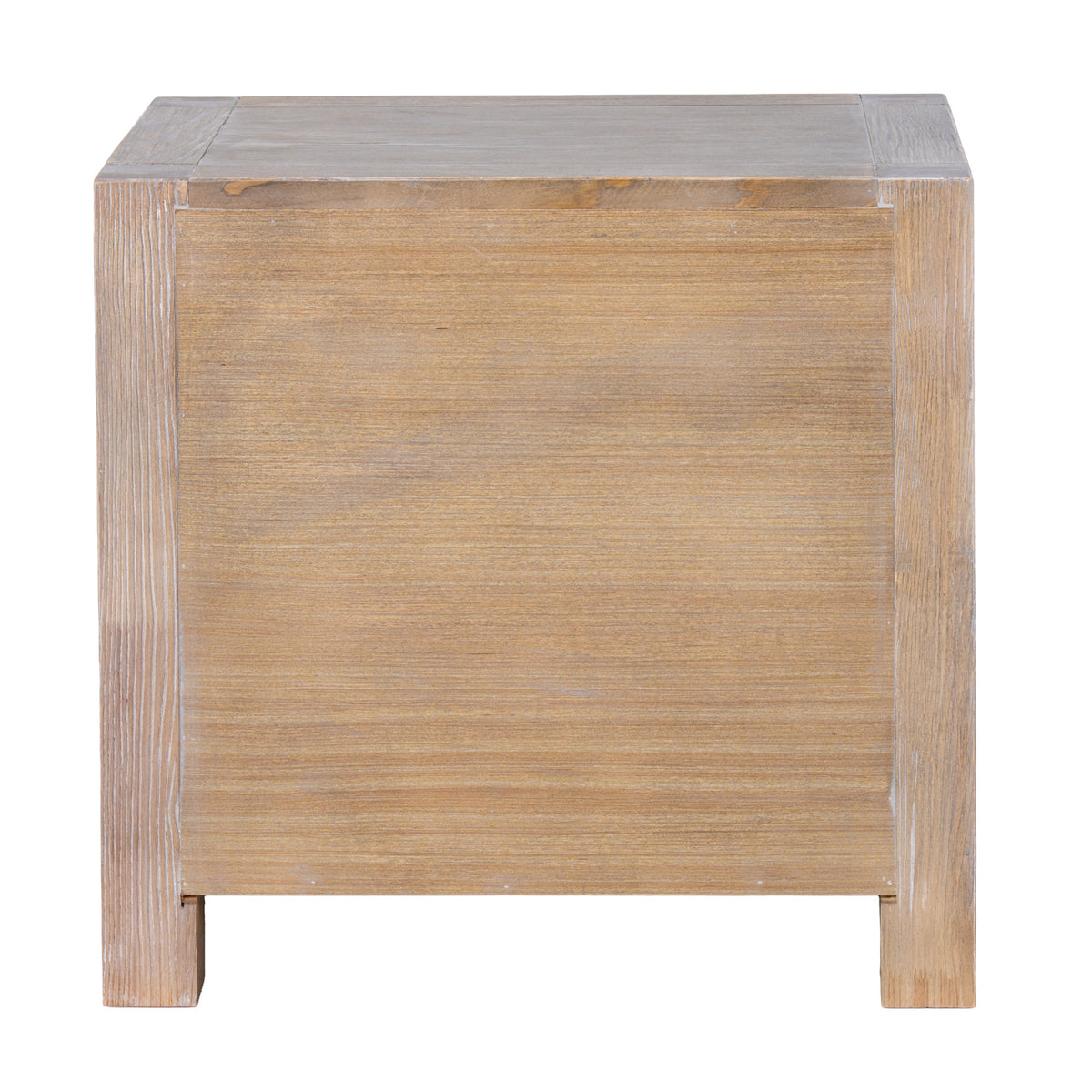 Rear view of the bedside table showing a broad pale brown panel between straight square-section supports and short feet.