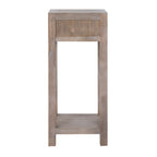 Rear view of the side table showing the plain upper panel, tall straight legs and square lower shelf.