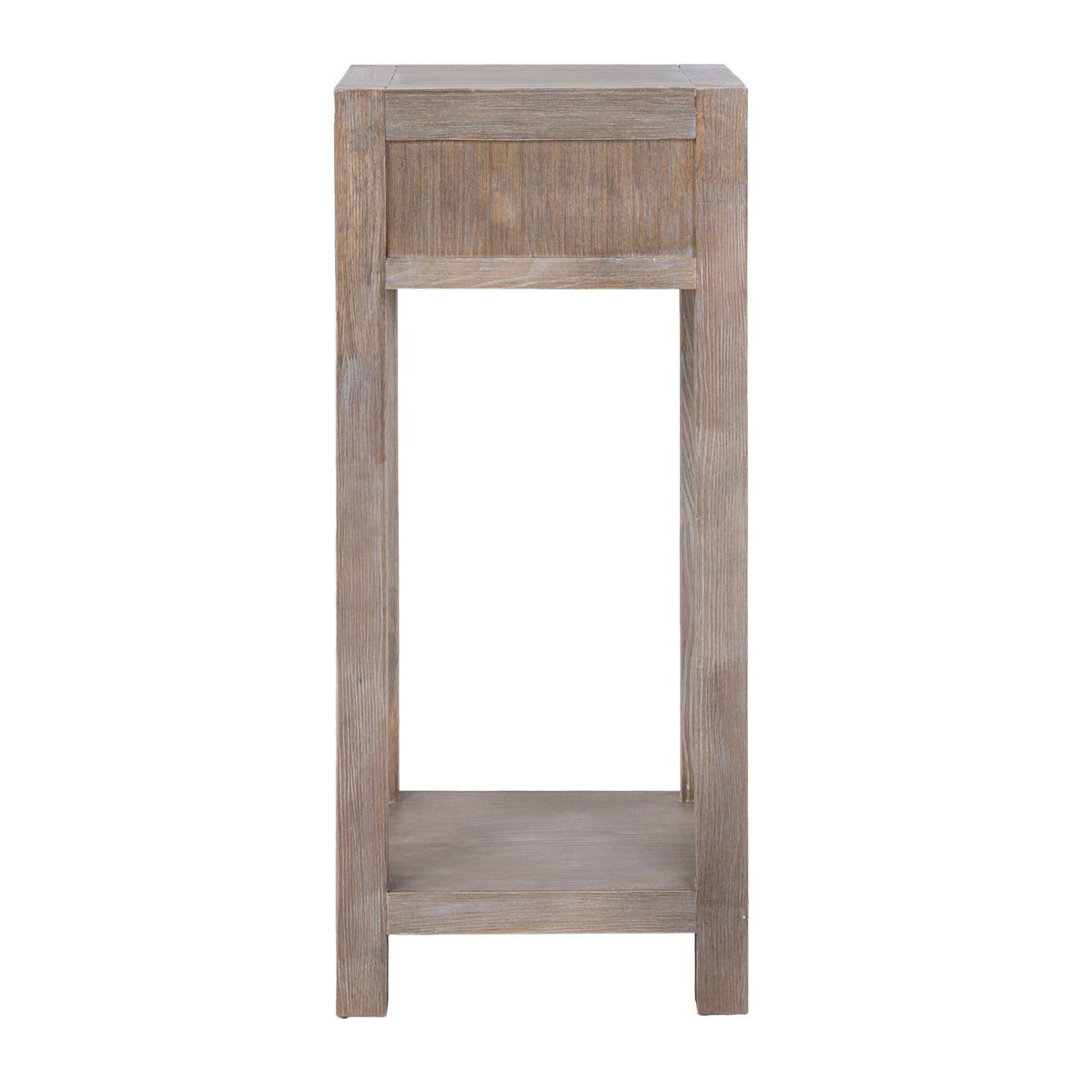 Rear view of the side table showing the plain upper panel, tall straight legs and square lower shelf.