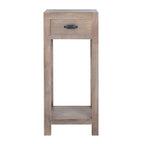 Front view of the narrow side table with a centred dark cup pull and an open space above the lower shelf.