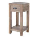 Angled view of the pale brown Border & Cup side table with a closed drawer, dark cup pull and low shelf.