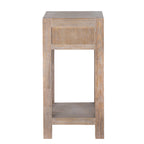 Straight-on side view of the tall table showing its framed upper panel, long square legs and open lower shelf.