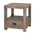 Front angled view of the pale side table showing its framed square top, open shelf and lower drawer with a dark cup pull.