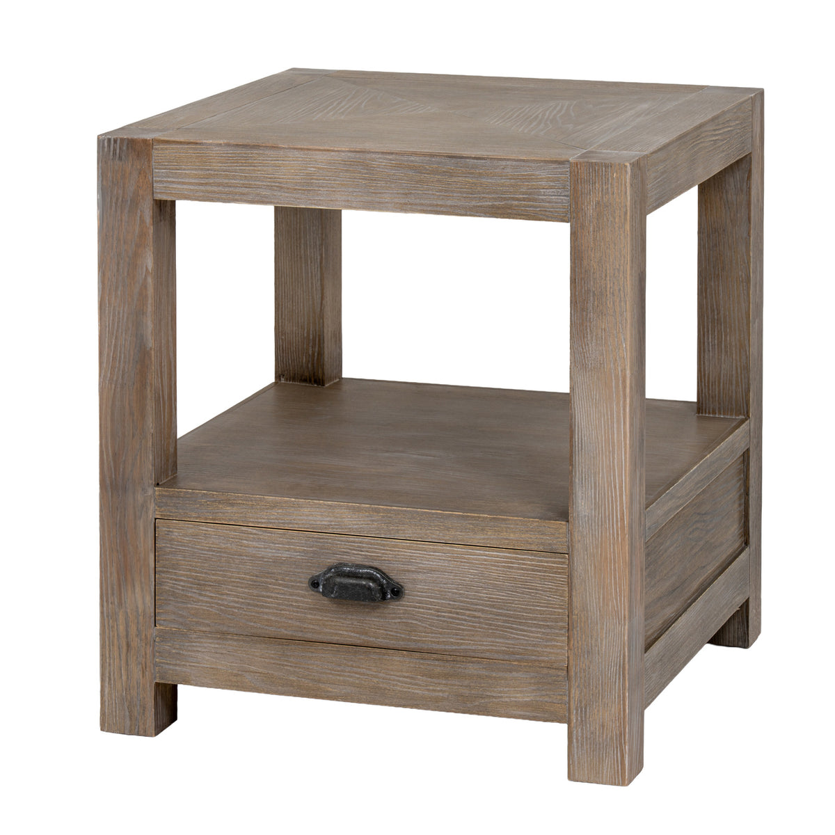 Front angled view of the pale side table showing its framed square top, open shelf and lower drawer with a dark cup pull.