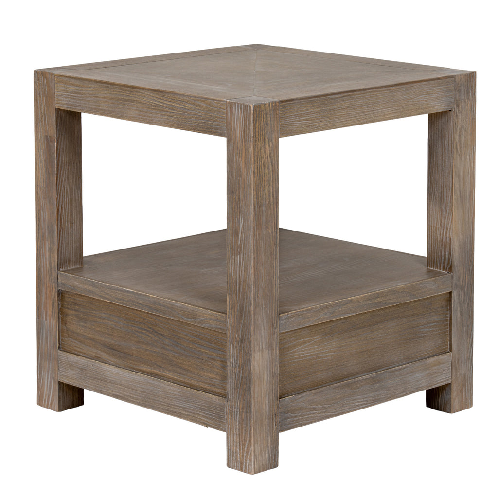 Rear angled view of the side table, showing the square legs, open shelf and plain lower panels beneath the shelf.