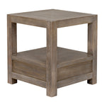 Rear angled view of the side table, showing the square legs, open shelf and plain lower panels beneath the shelf.