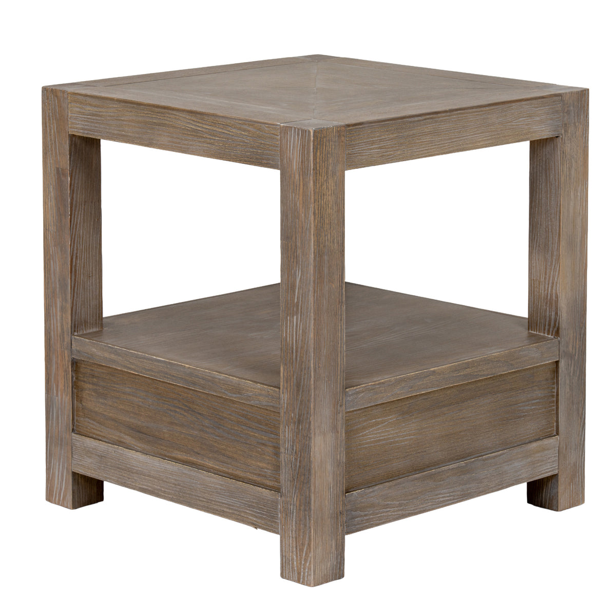Rear angled view of the side table, showing the square legs, open shelf and plain lower panels beneath the shelf.