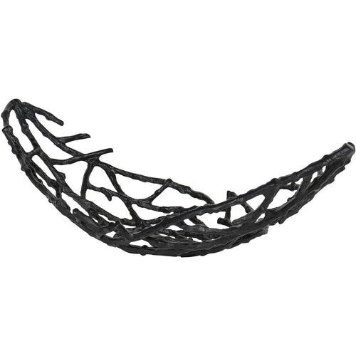 Angled view of the black bowl showing the open branch framework and overlapping forms at the base.