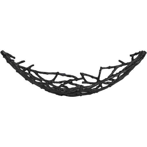 Side view of the black twig bowl, showing its low curved centre and raised ends.