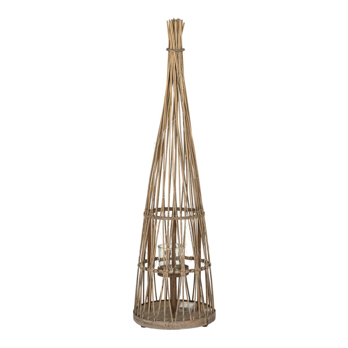 Tall tan conical lantern on white, showing its bound apex, two circular rails, empty central glass holder, fine light wire and small pack at the base.