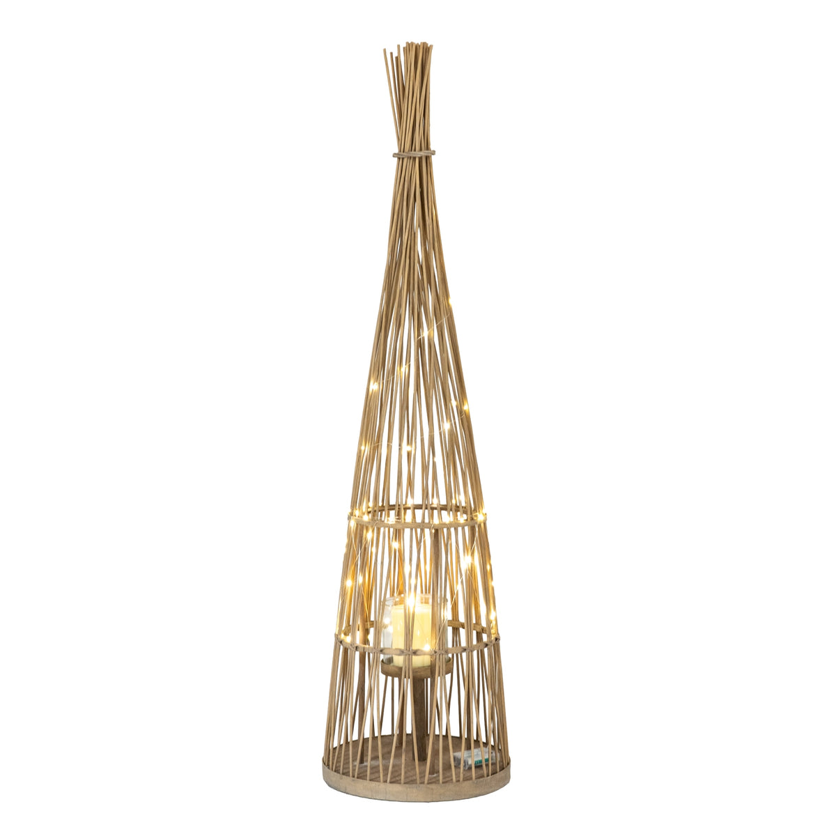 Conical rod lantern against white with warm points of light along the fine wire, a candle-like styling prop inside the glass holder and a small rectangular pack near the round base.