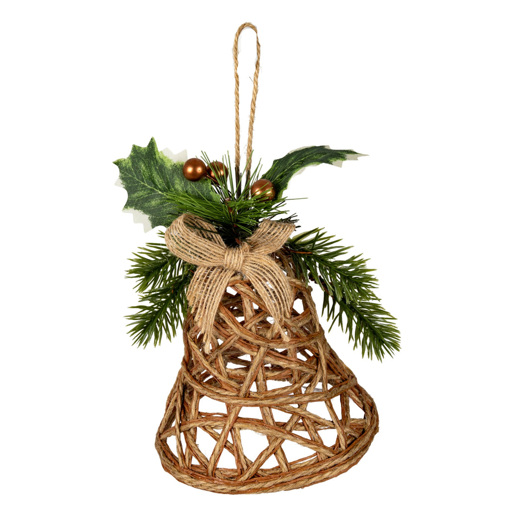 Hanging bell decoration on a white background, with a brown flared lattice body, tan bow and cord loop, green foliage details and copper-coloured berries.