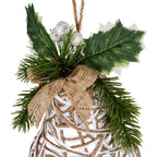 Close-up of the bell decoration showing the coarse open-weave tan bow, glittery white berries, printed green holly leaves and crossing white and tan strands.