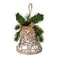 Full view of a white-and-tan lattice bell decoration with a cord hanging loop, tan bow, green needle sprays, printed holly leaves and glittery white berries.