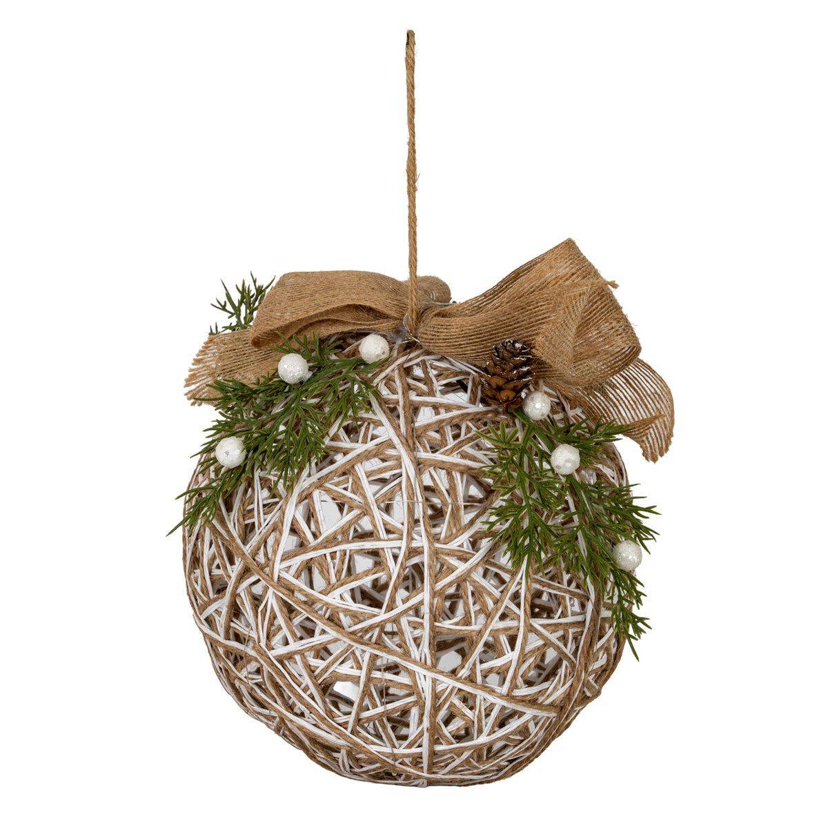 White-and-tan hanging bauble with a long tan cord, broad open-weave bow, green foliage, glittery white berries and a brown pinecone.