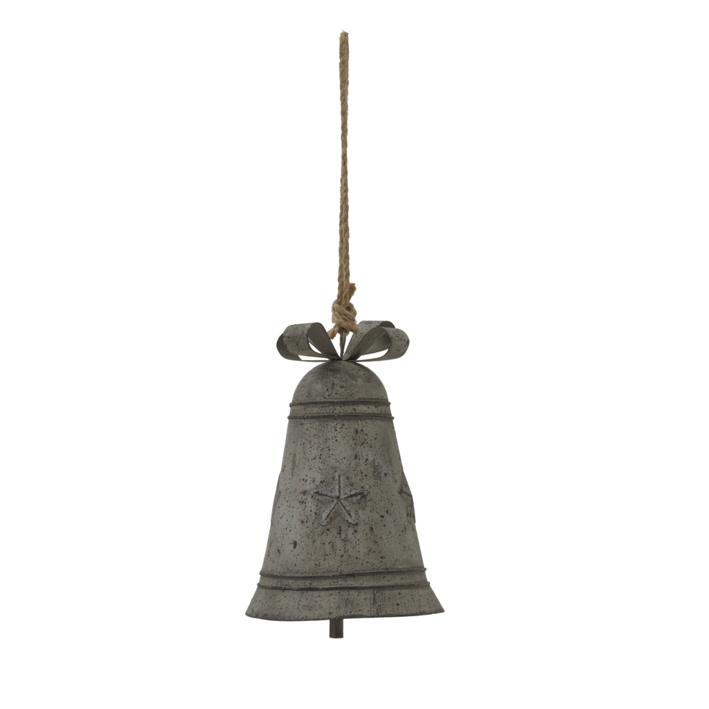 Pale-grey hanging bell with a distressed speckled finish, raised star, looped bow and long neutral cord against a white background.