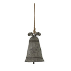 Pale-grey hanging bell with a distressed speckled finish, raised star, looped bow and long neutral cord against a white background.