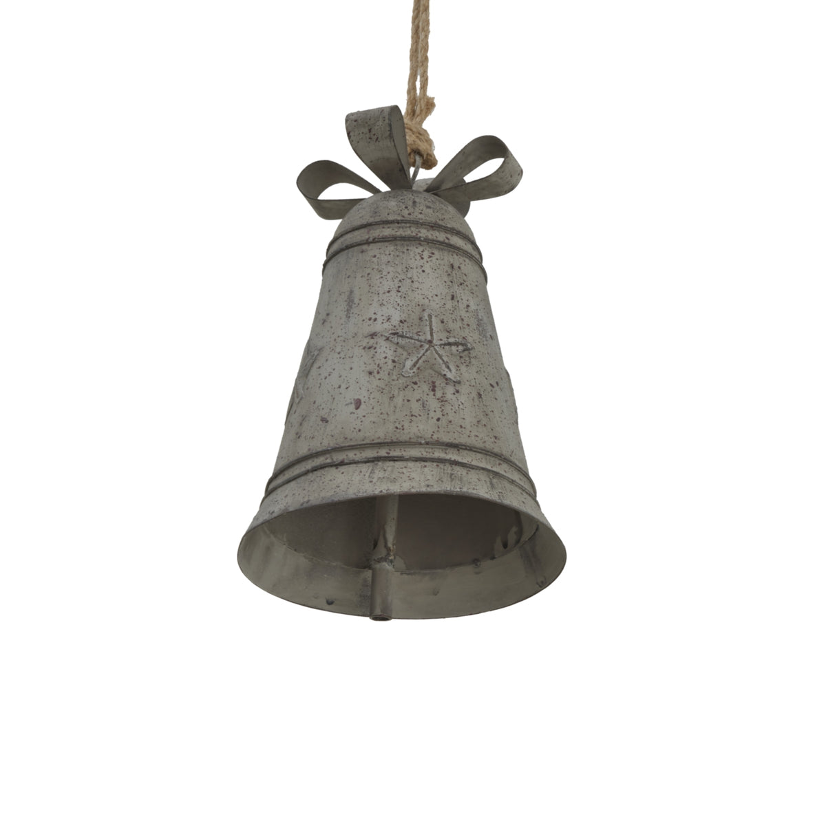 Close view from below of the star-decorated grey bell, showing its flared opening, internal clapper, raised bands and open bow loops.