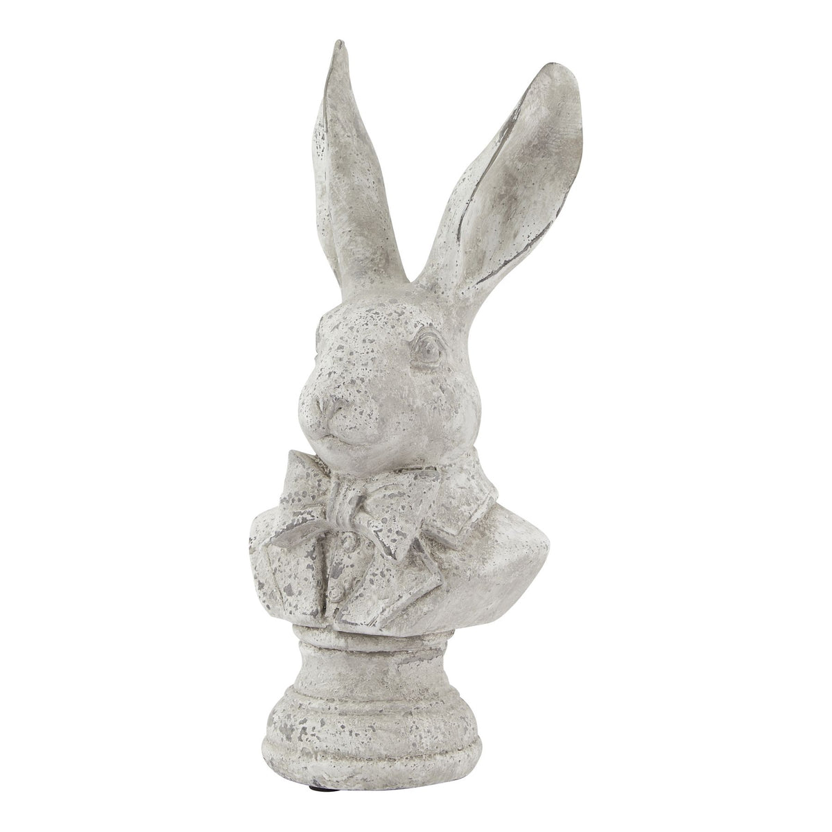 Off-white and grey hare bust with long raised ears, a bow tie and jacket detail on a rounded pedestal against a white background.