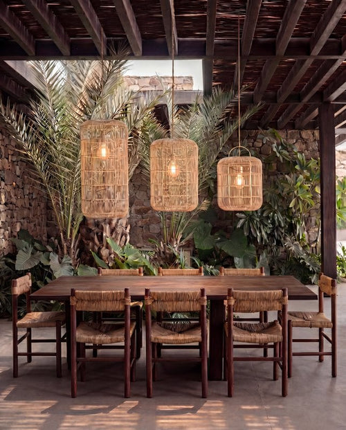 Bozelo Rattan Pendant Light – Natural, Large — three pendants above a dining table