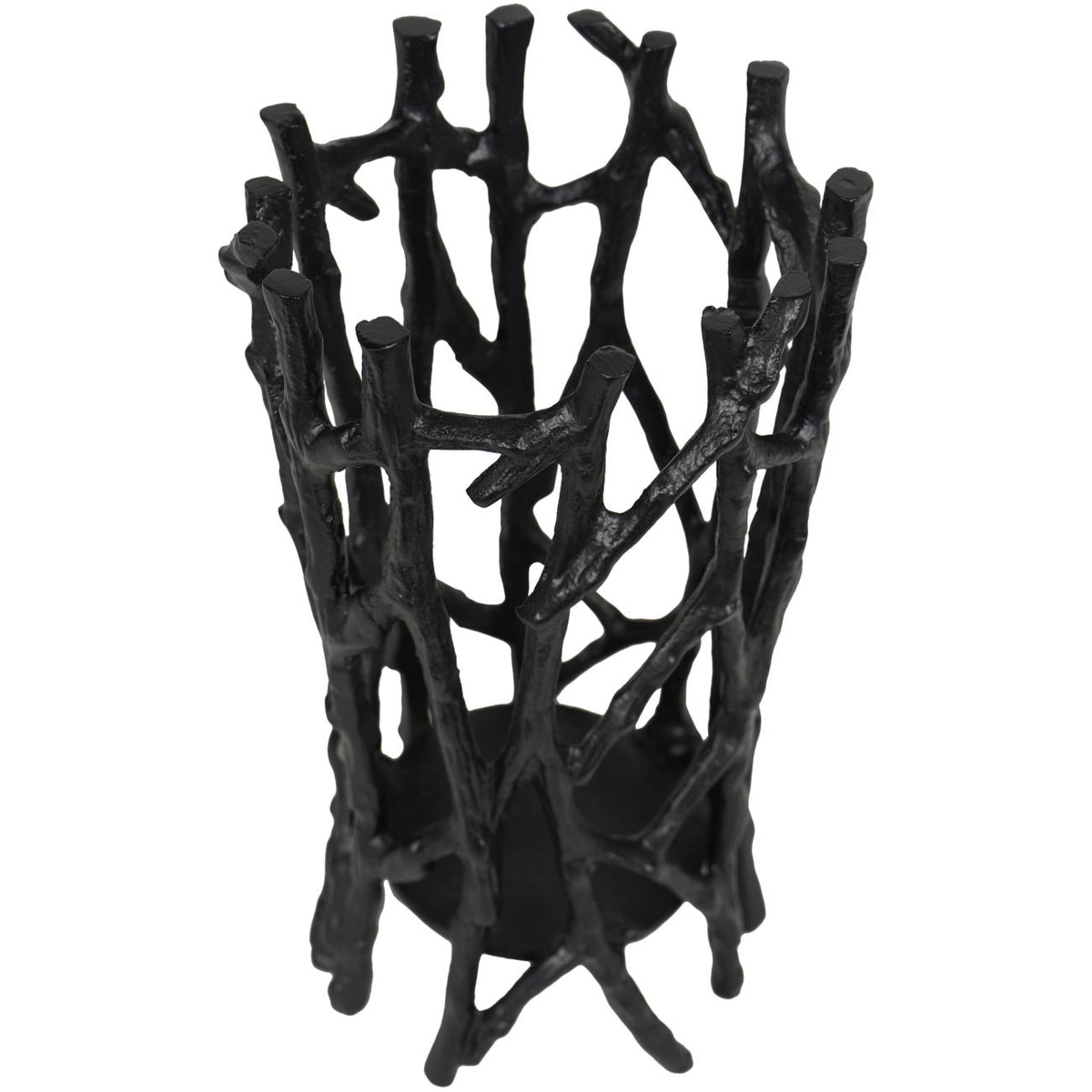 Black candleholder viewed from above, showing the open circular top and uneven branch tips.
