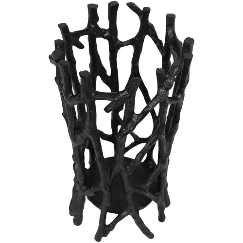 Black candleholder viewed from above, showing the open circular top and uneven branch tips.