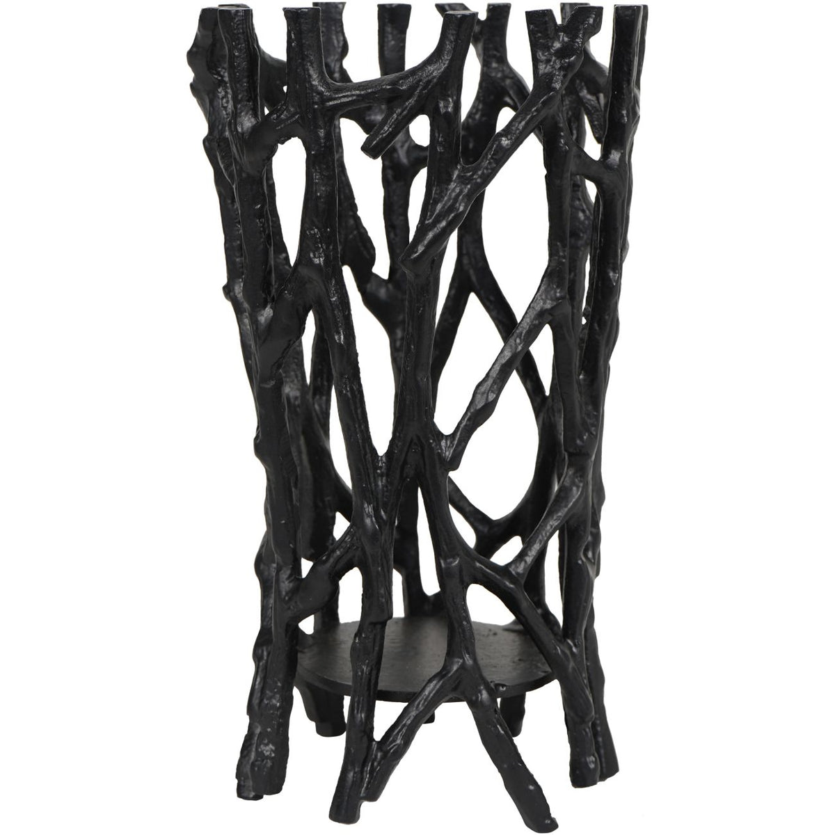Black Bracken candleholder with crossing branch shapes and a circular candle platform near the base.