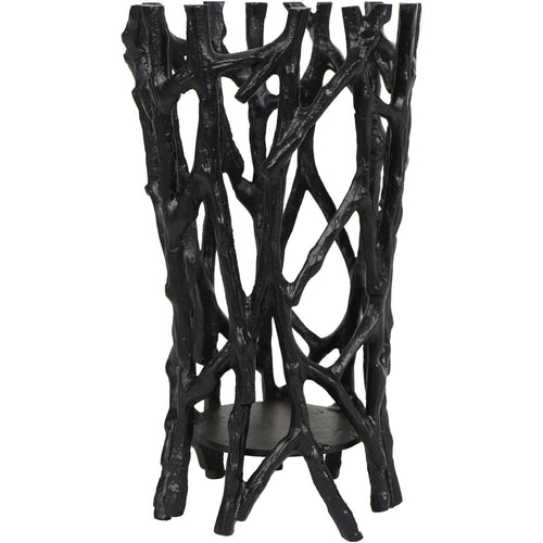Black Bracken candleholder with crossing branch shapes and a circular candle platform near the base.