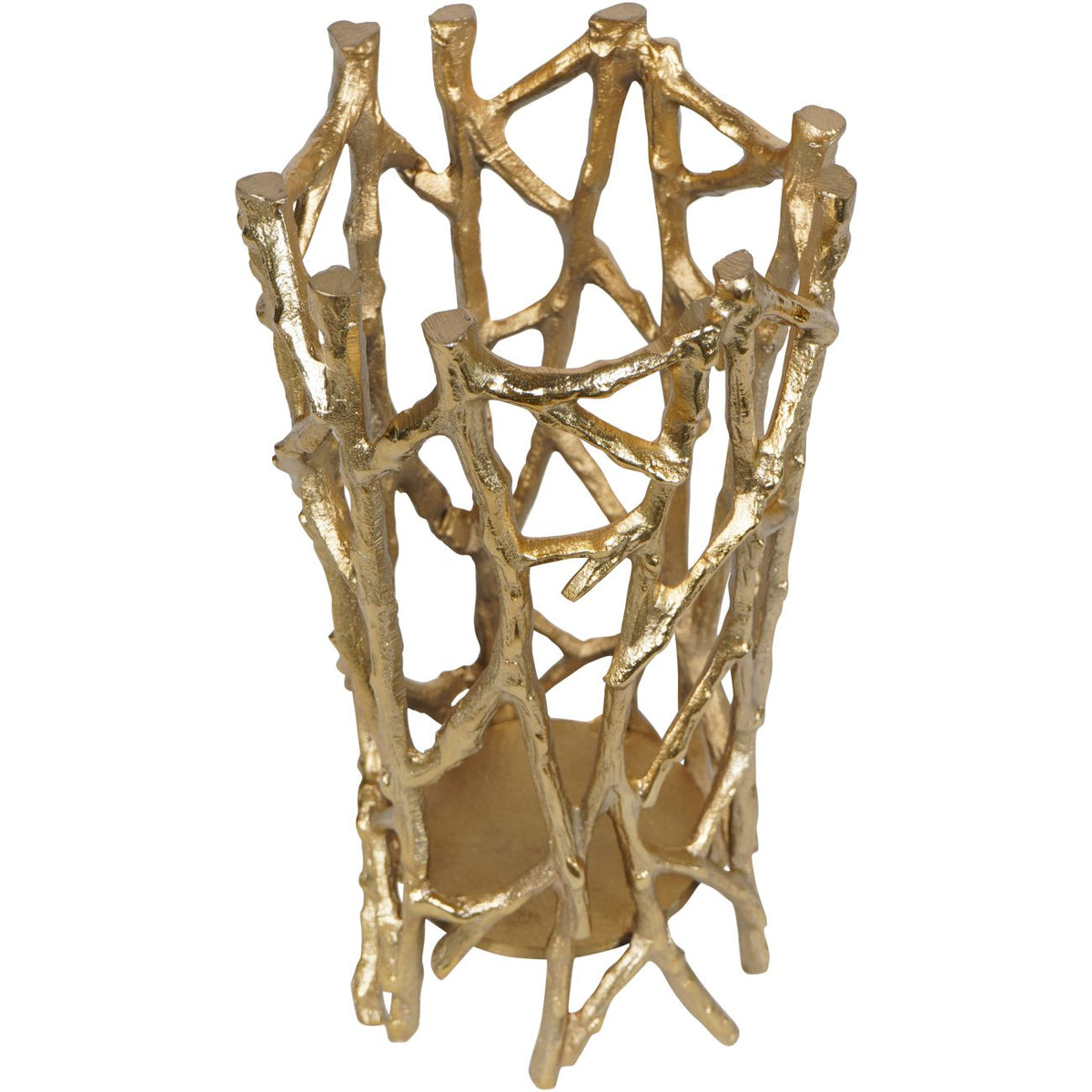 Angled view into the gold candle holder, showing uneven branch ends and the round plate inside.