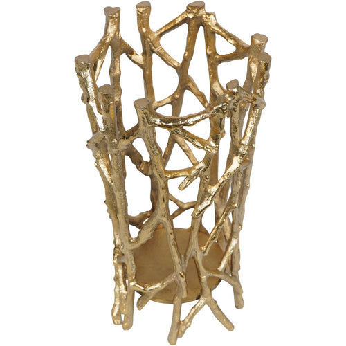 Angled view into the gold candle holder, showing uneven branch ends and the round plate inside.