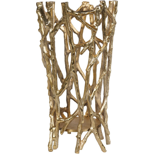 Gold Bracken candle holder with an open cylindrical twig surround and raised round candle plate.