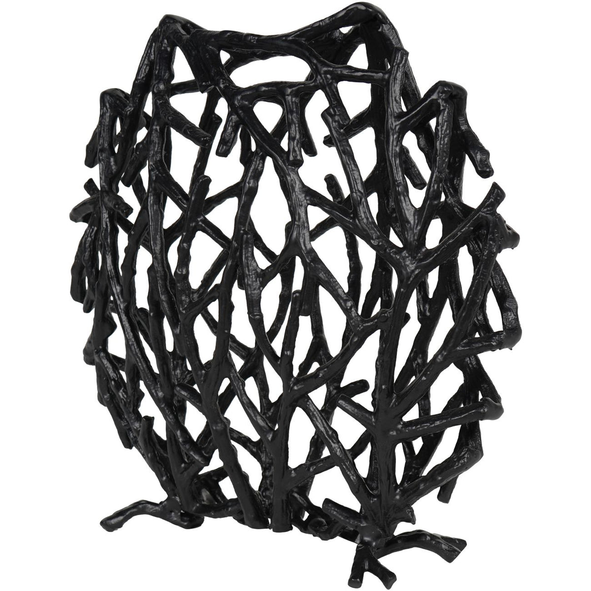 Angled view of the black branch sculpture showing its shallow depth and overlapping open metalwork.