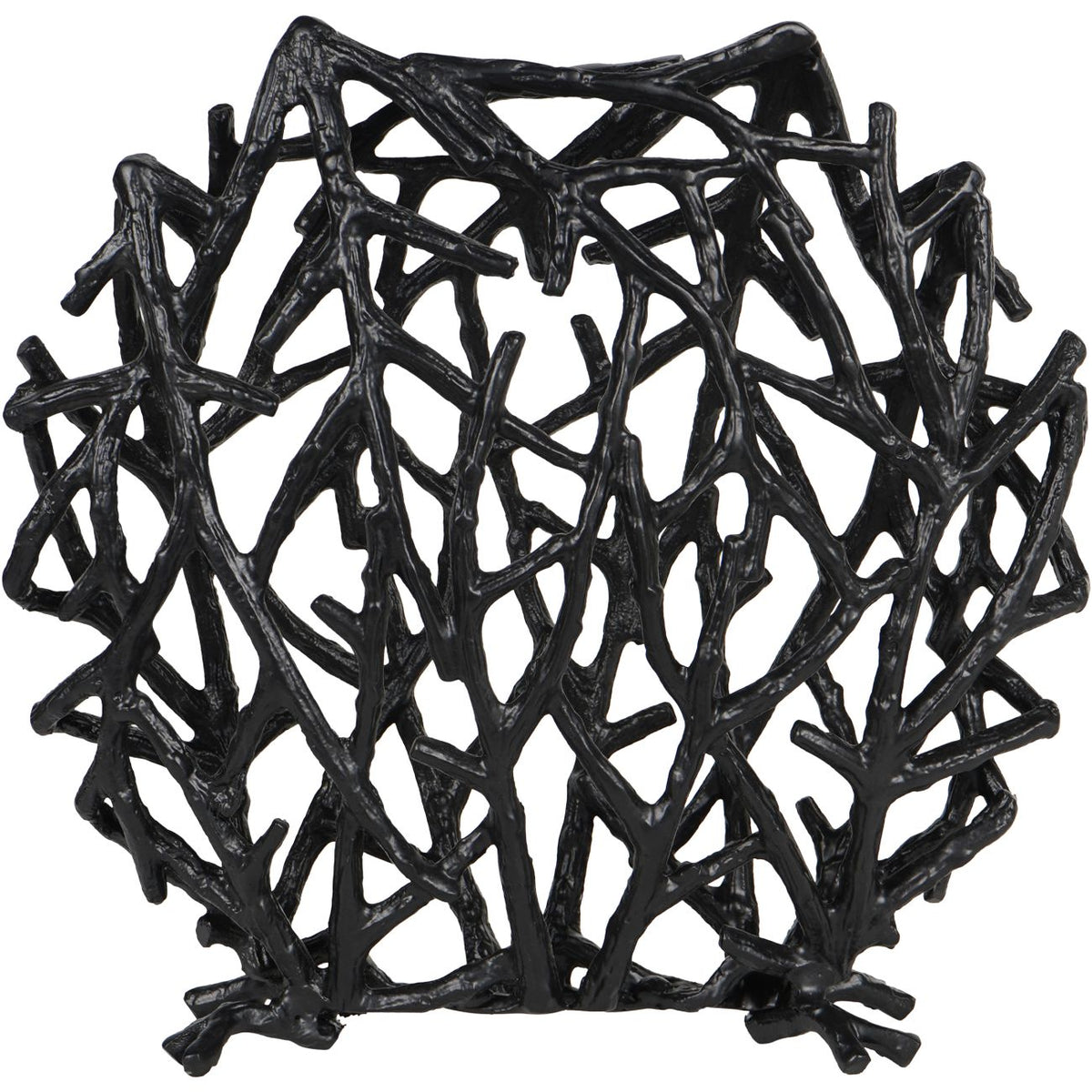 Front view of the black disc sculpture, showing its irregular branch lattice and small twig-shaped feet.