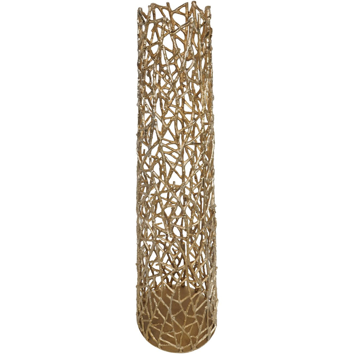 Alternative full view of the gold lattice sculpture, showing its open top and overlapping twig-like elements.
