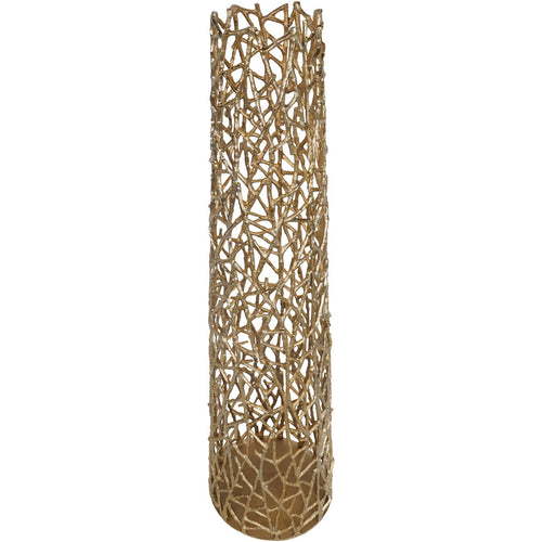 Alternative full view of the gold lattice sculpture, showing its open top and overlapping twig-like elements.