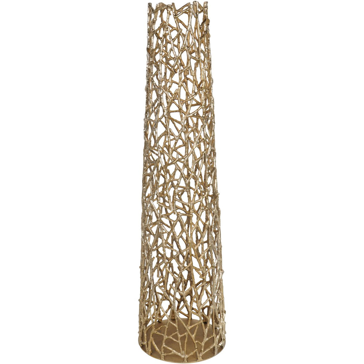 Full view of the tall gold sculpture with an open branching lattice and solid circular base on white.