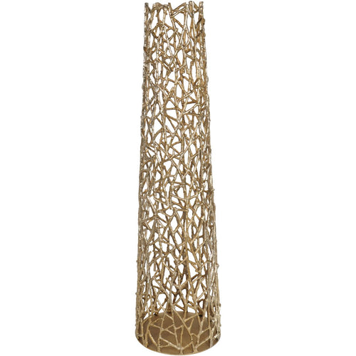 Full view of the tall gold sculpture with an open branching lattice and solid circular base on white.