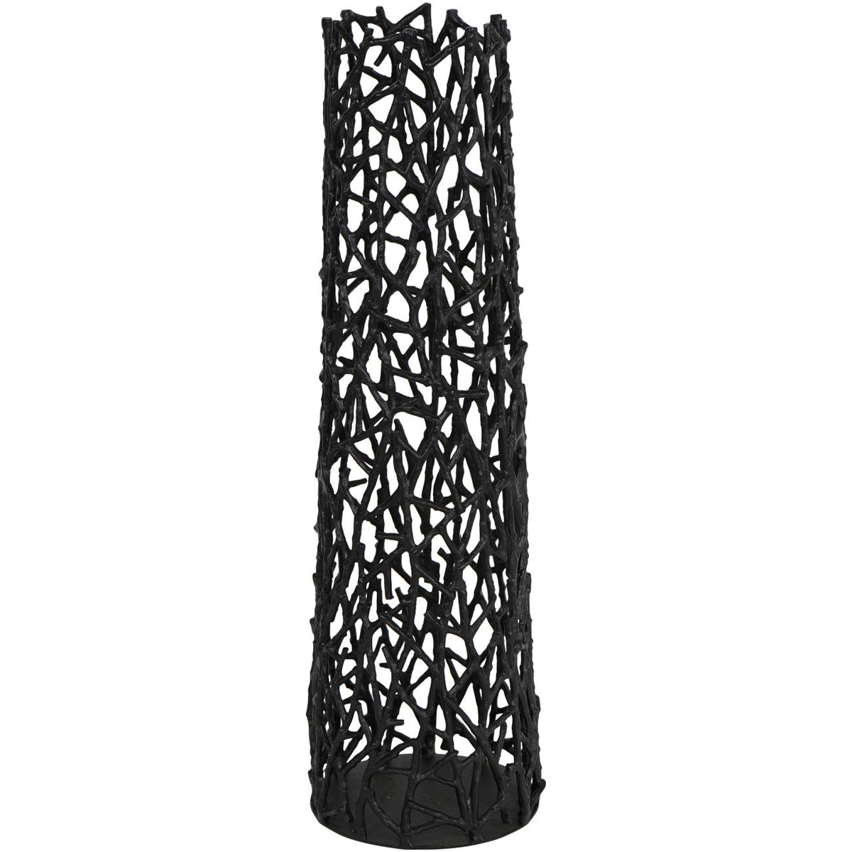 Full view of the tall black vase-shaped sculpture with open twig-like sides, a tapering body and round base.
