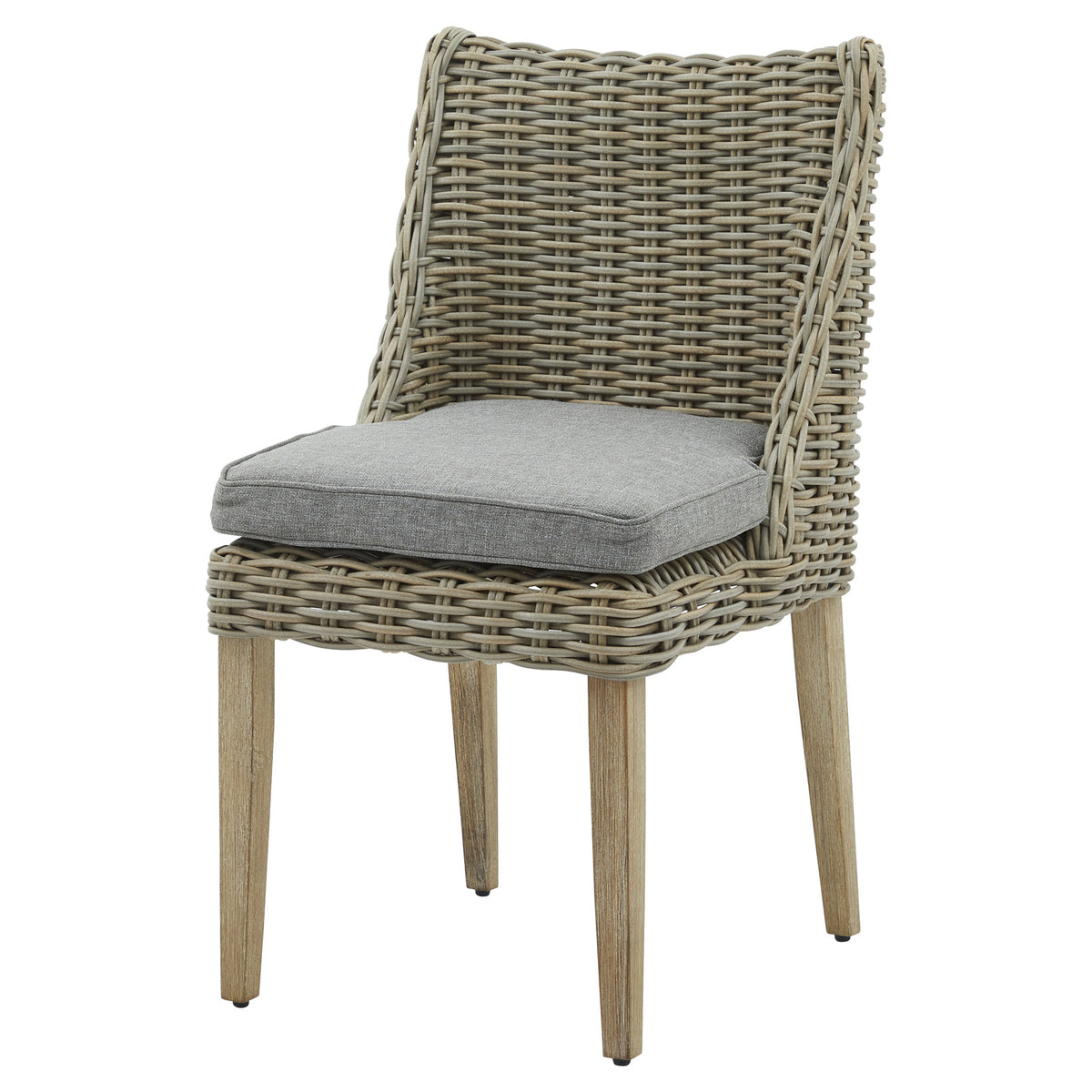 Front three-quarter view of the dining chair with a curved taupe-grey woven back, grey-beige piped cushion and four light wood-look legs.