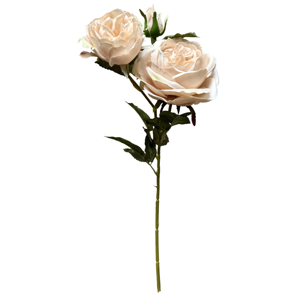 Full view of an artificial rose stem with pale cream blooms, a closed bud and green leaves against a white background.