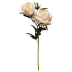 Full view of an artificial rose stem with pale cream blooms, a closed bud and green leaves against a white background.