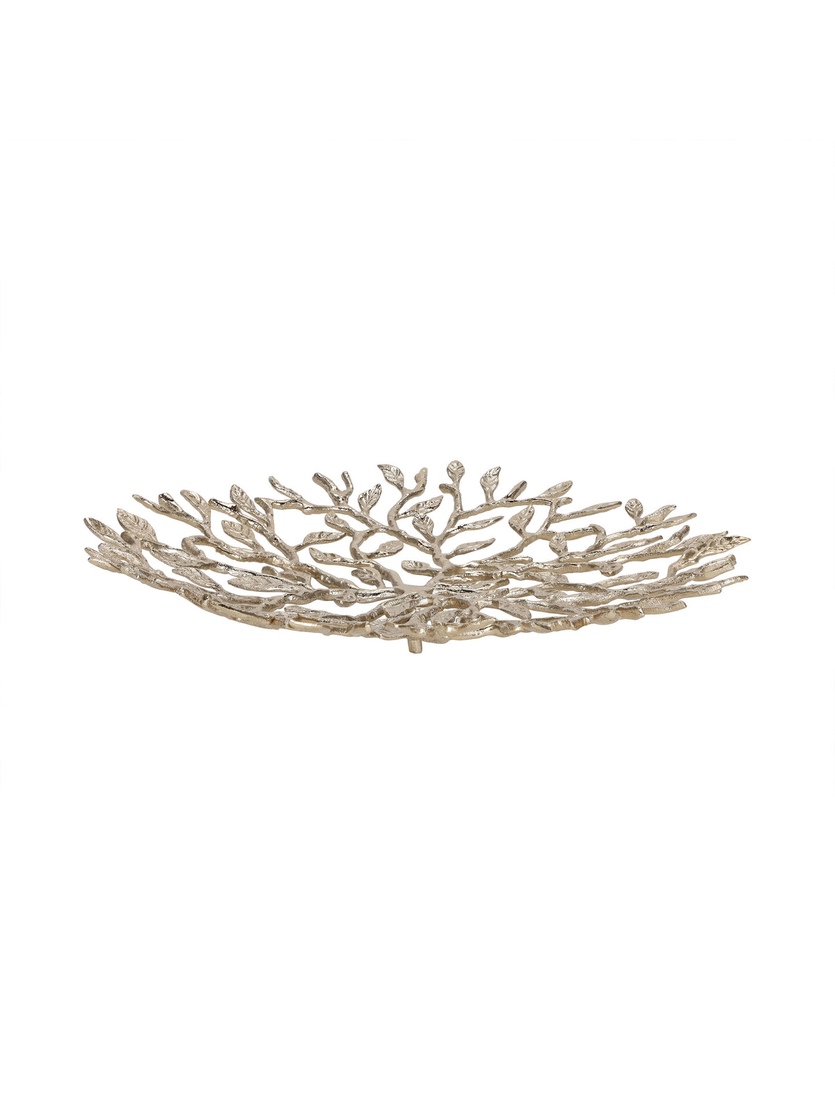 Low side view of the openwork leaf platter, showing its shallow curved profile and small feet.
