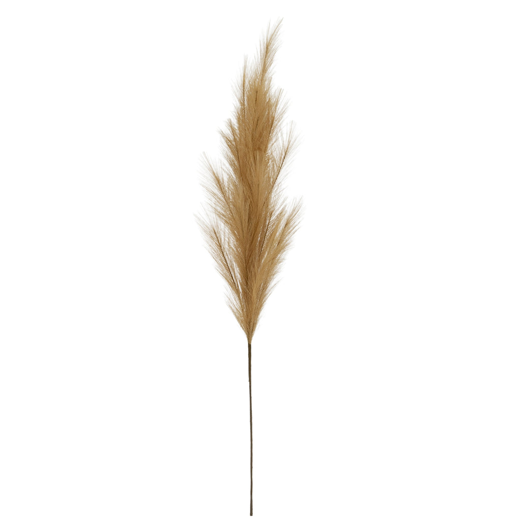 Full view of a beige artificial foliage stem with a tapered branching plume above a long, slender brown stalk.