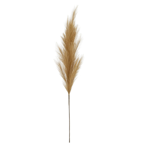 Full view of a beige artificial foliage stem with a tapered branching plume above a long, slender brown stalk.
