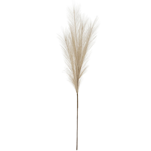 Full view of a cream artificial foliage stem with a branching feathery plume above a long brown stalk.