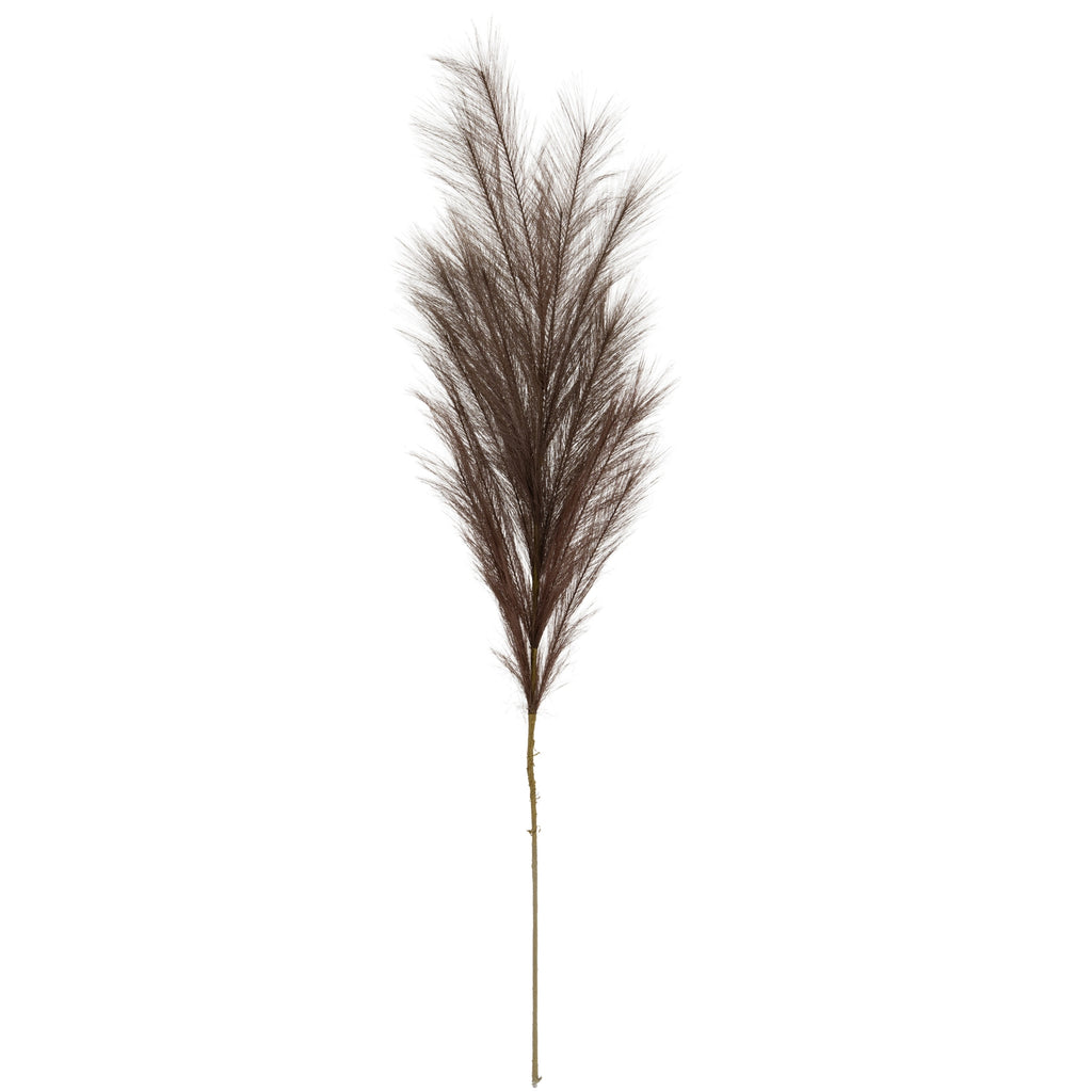 Full view of an artificial foliage stem with a long slender stalk and a large branching feathery plume against white.
