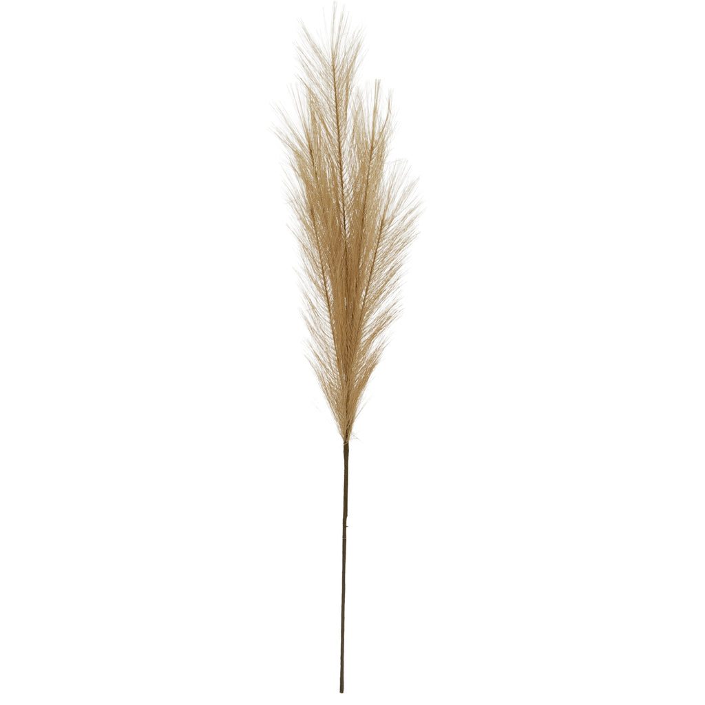 Full view of a beige artificial foliage stem with a tall branching plume above a slender brown stalk on a white background.