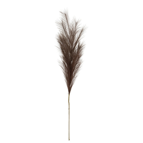 Full view of a grey-brown artificial plume stem with branching feathery sprays above a long slender stalk on white.