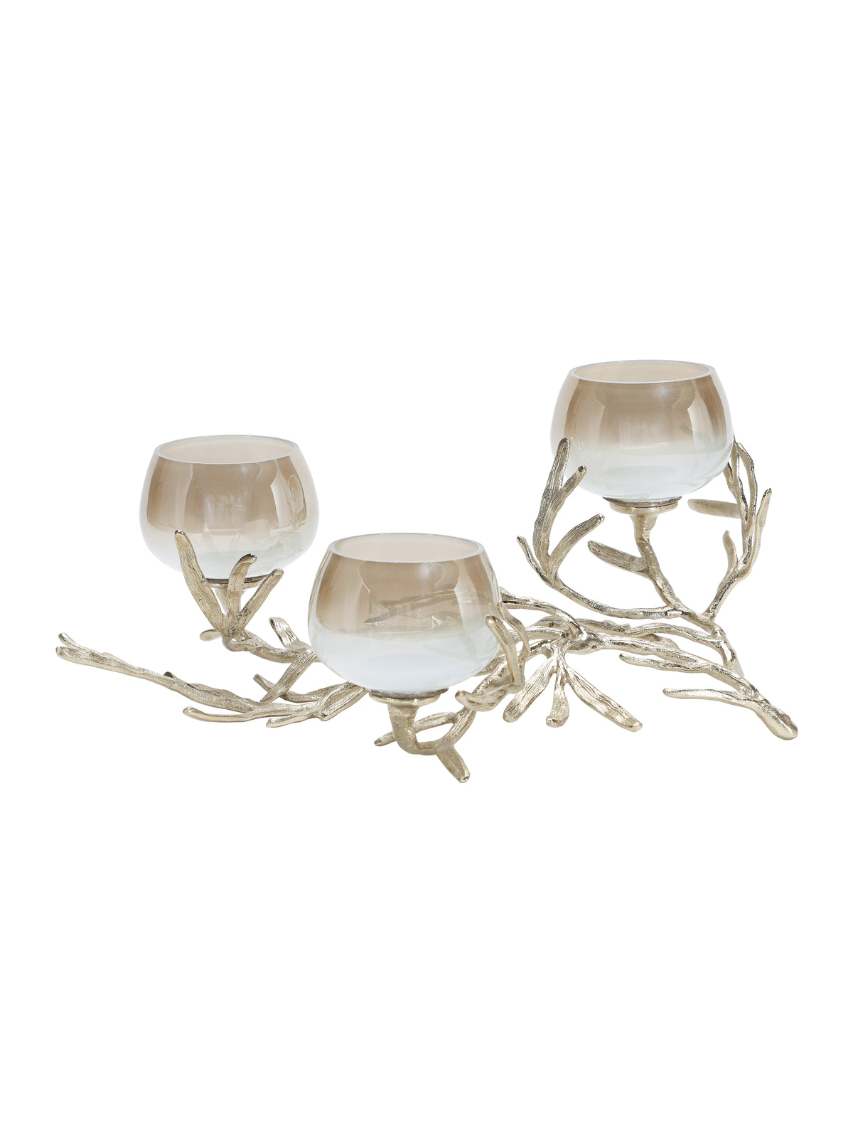 Three champagne-to-white glass tealight vessels at different heights on a spreading gold-toned branch holder.
