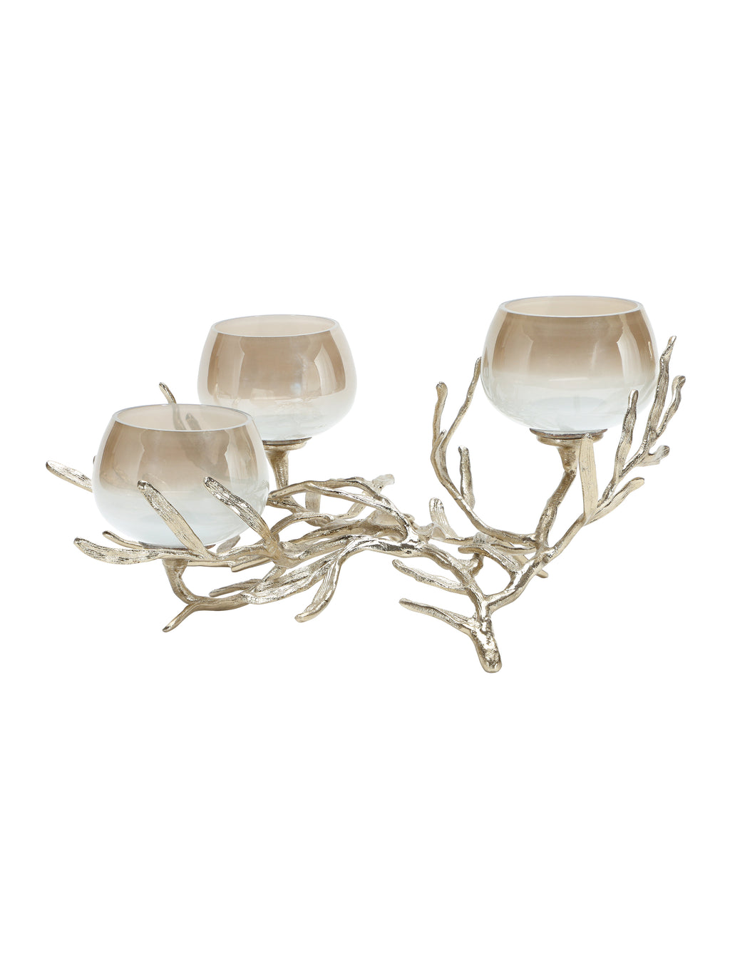 Side view of the branching tealight holder, showing three rounded glass cups and curved gold-toned stems.